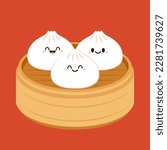 Cute Dim sum character, traditional Chinese dumplings, with funny smiling faces. Kawaii Asian food vector. wood basket.