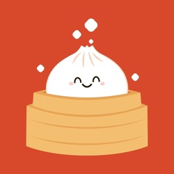 Cute Dim sum character, traditional Chinese dumplings, with funny smiling faces. Kawaii Asian food vector. wood basket.