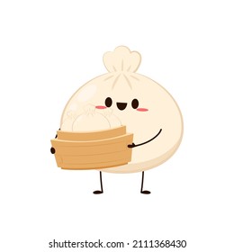 Cute Dim sum character, traditional Chinese dumplings, with funny smiling faces. Kawaii Asian food vector. wood basket.