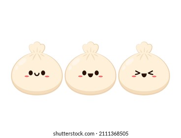 Cute Dim sum character, traditional Chinese dumplings, with funny smiling faces. Kawaii Asian food vector.