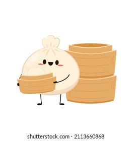 Cute Dim sum character, traditional Chinese dumplings, with funny smiling faces. Kawaii Asian food vector. wood basket.