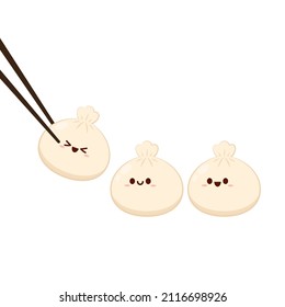 Cute Dim sum character, traditional Chinese dumplings, with funny smiling faces. Kawaii Asian food vector.