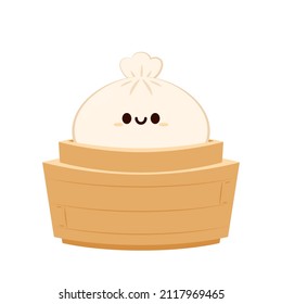 Cute Dim sum character, traditional Chinese dumplings, with funny smiling faces. Kawaii Asian food vector. wood basket.