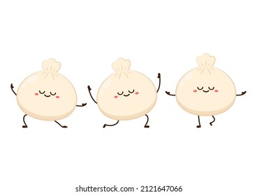 Cute Dim sum character, traditional Chinese dumplings, with funny smiling faces. Kawaii Asian food vector.