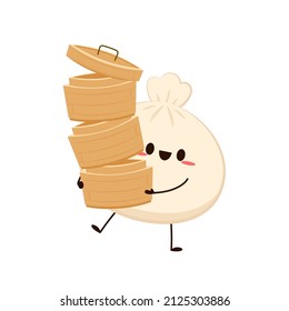 Cute Dim sum character, traditional Chinese dumplings, with funny smiling faces. Kawaii Asian food vector. wood basket.