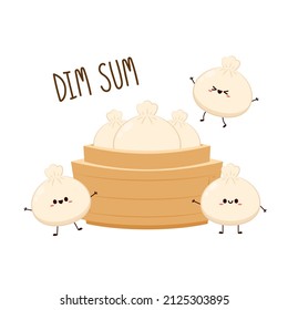 Cute Dim sum character, traditional Chinese dumplings, with funny smiling faces. Kawaii Asian food vector. wood basket.