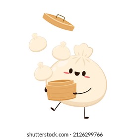 Cute Dim sum character, traditional Chinese dumplings, with funny smiling faces. Kawaii Asian food vector. wood basket.