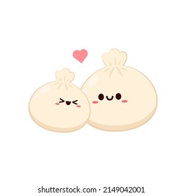 Cute Dim sum character, traditional Chinese dumplings, with funny smiling faces. Kawaii Asian food vector.