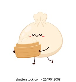 Cute Dim sum character, traditional Chinese dumplings, with funny smiling faces. Kawaii Asian food vector. wood basket.