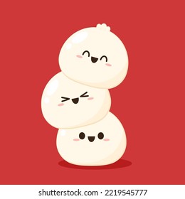 Cute Dim sum character, traditional Chinese dumplings, with funny smiling faces. Kawaii Asian food vector.