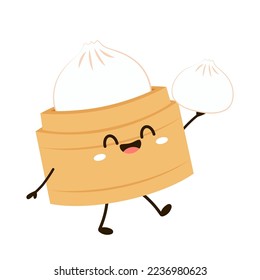 Cute Dim sum character, traditional Chinese dumplings, with funny smiling faces. Kawaii Asian food vector. wood basket.
