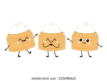 Cute Dim sum character, traditional Chinese dumplings, with funny smiling faces. Kawaii Asian food vector. wood basket.