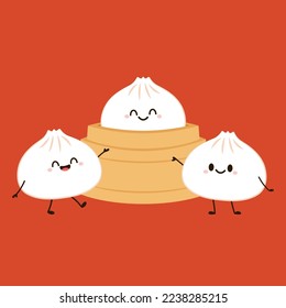 Cute Dim sum character, traditional Chinese dumplings, with funny smiling faces. Kawaii Asian food vector. wood basket.