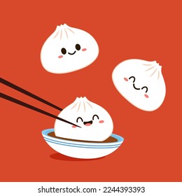 Cute Dim sum character, traditional Chinese dumplings, with funny smiling faces. Kawaii Asian food vector. wood basket.