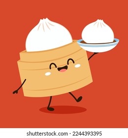 Cute Dim sum character, traditional Chinese dumplings, with funny smiling faces. Kawaii Asian food vector. wood basket.