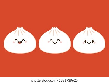 Cute Dim sum character, traditional Chinese dumplings, with funny smiling faces. Kawaii Asian food vector.