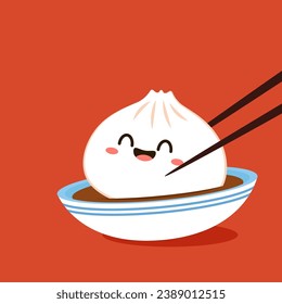 Cute Dim sum character, traditional Chinese dumplings, with funny smiling faces. Kawaii Asian food vector.