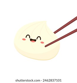 Cute Dim sum character, traditional Chinese dumplings, with funny smiling faces. Kawaii Asian food vector.