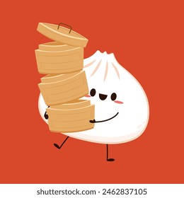 Cute Dim sum character, traditional Chinese dumplings, with funny smiling faces. Kawaii Asian food vector.