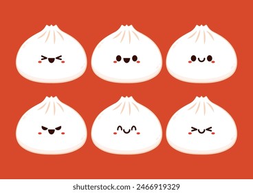 Cute Dim sum character, traditional Chinese dumplings, with funny smiling faces. Kawaii Asian food vector.