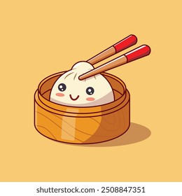 Cute Dim Sum With Chopstick Cartoon Vector Icon Illustration. Food Object Icon Concept Isolated Premium Vector. Flat Cartoon Style