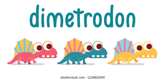 Cute Dimetrodon walking. Animal life. Vector illustration of prehistoric character in flat cartoon style isolated on white background.  Funny apex predator with big eyes. Variants of coloring.