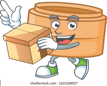 Cute dimsum basket cartoon character having a box