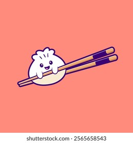 Cute Dimsum With Chopstick Cartoon Vector Icon Illustration. 
Food Object Icon Concept Isolated Premium Vector. Flat 
Cartoon Style 