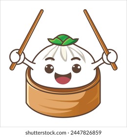 Cute dimsum mascot character smiling holding chopsticks. Vector flat cartoon character illustration icon design. Asian, Chinese food menu. Dim sum logo concept.