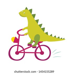 
Cute dinasaur riding bicycle vector illustration. Cute happy green dino cartoon print isolated on white background