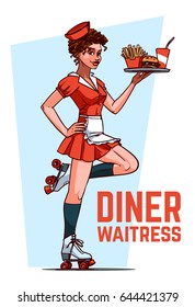 Cute Diner Waitress in quad skates. 