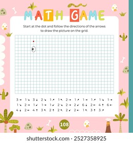 Cute Dino activities for kids. Graphic dictation – Dinosaur. Math game for children. Square Coloring page. Vector illustration.