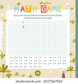 Cute Dino activities for kids. Graphic dictation – Dinosaur. Math drawing game for children. Square Coloring page for activity book. Vector illustration.
