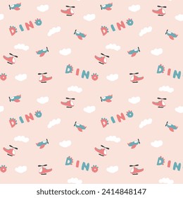 Cute Dino Airplanes and helicopters Seamless Pattern, Childish Cartoon background, vector Illustration.