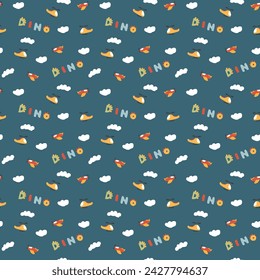 Cute Dino Airplanes and helicopters Seamless Pattern, Childish Cartoon background, vector Illustration.