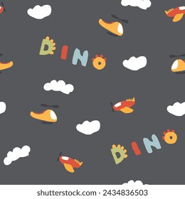 Cute Dino Airplanes and helicopters Seamless Pattern, Childish Cartoon background, vector Illustration.