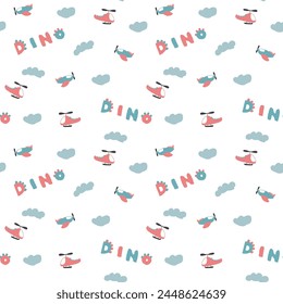 Cute Dino Airplanes and helicopters Seamless Pattern, Childish Cartoon background, vector Illustration.