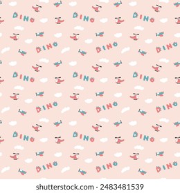 Cute Dino Airplanes and helicopters Seamless Pattern, Childish Cartoon background, vector Illustration.