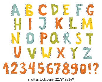 Cute dino alphabet fonts. Cute cartoon dinosaur alphabet. Letters and numbers. Vector illustration.