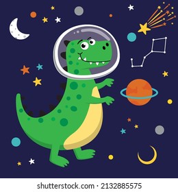 Cute Dino astronaut vector illustration in flat cartoon style
