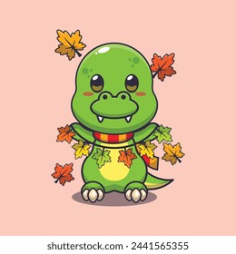 Cute dino with autumn leaf decoration. Mascot cartoon vector illustration suitable for poster, brochure, web, mascot, sticker, logo and icon.