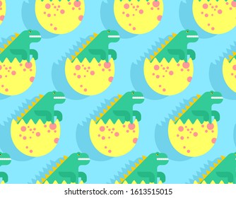 Cute dino baby pattern seamless. Cartoon Dinosaur child in egg background. vector texture. Baby fabric ornament