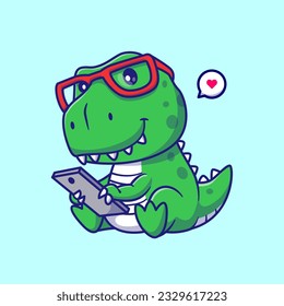 Cute Dino Baby Playing Phone Cartoon Vector Icon Illustration. Animal Technology Icon Concept Isolated Premium Vector. Flat Cartoon Style