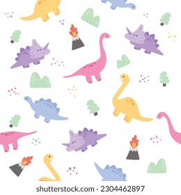 Cute dino. Baby seamless pattern with dinosaurs. Vector hand-drawn children’s illustration. White background.