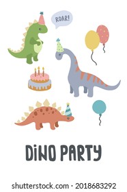 Cute dino birthday party poster. Creative kids vector illustration for fabric, textile, apparel, nursery wall.