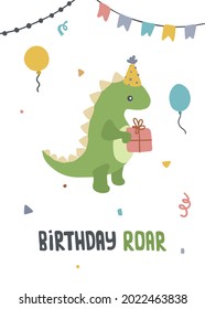 Cute dino birthday party poster. Print for postcards, paper, wall art, card, fabric.