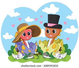 Cute dino boy and girl. A couple of dinosaur is in love