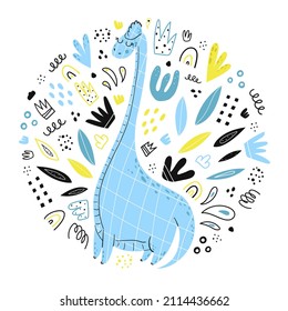 Cute dino. Brachiosaurus, dinosaur, hand drawn character in cartoon style. Doodle, flat, abstract, scandinavian style. Isolated illustration for children's clothing, books, postcards, design. Vector.