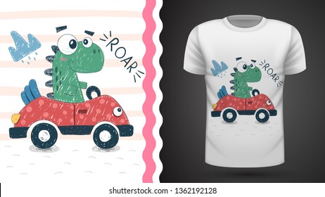 Cute dino with car - idea for print t-shirt. Hand draw