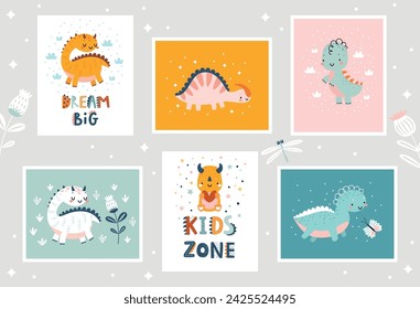 Cute Dino cards with Letterings and jurassic world for your design - Dream big, Kids zone and others. Childish hand drawn prints. Nursery theme, Vector illustration.